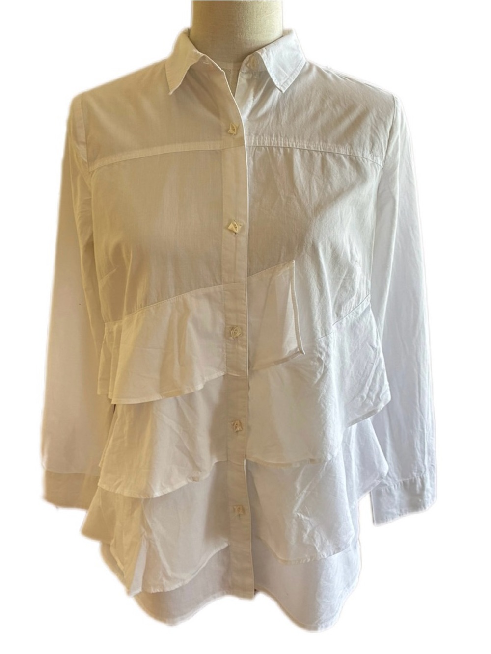 Ann Taylor White Tiered Ruffle Button-Front Shirt Blouse